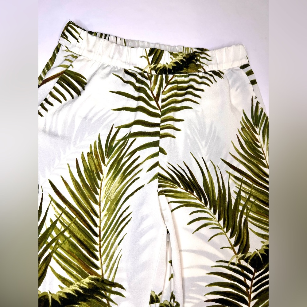 H&M Hawaiian Palm Tree Print Casual Pants - Semi See Thru White & Green Tropical - Picture 2 of 13